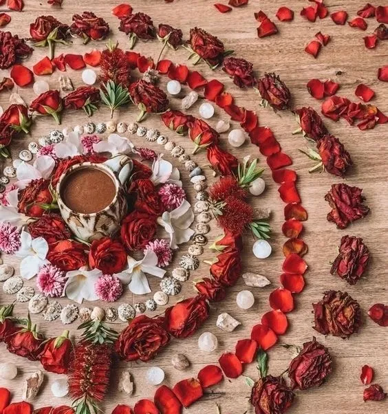 Xícara de cacau no centro de uma mandala de rosas, flores, conchas e pedras sobre a madeira.