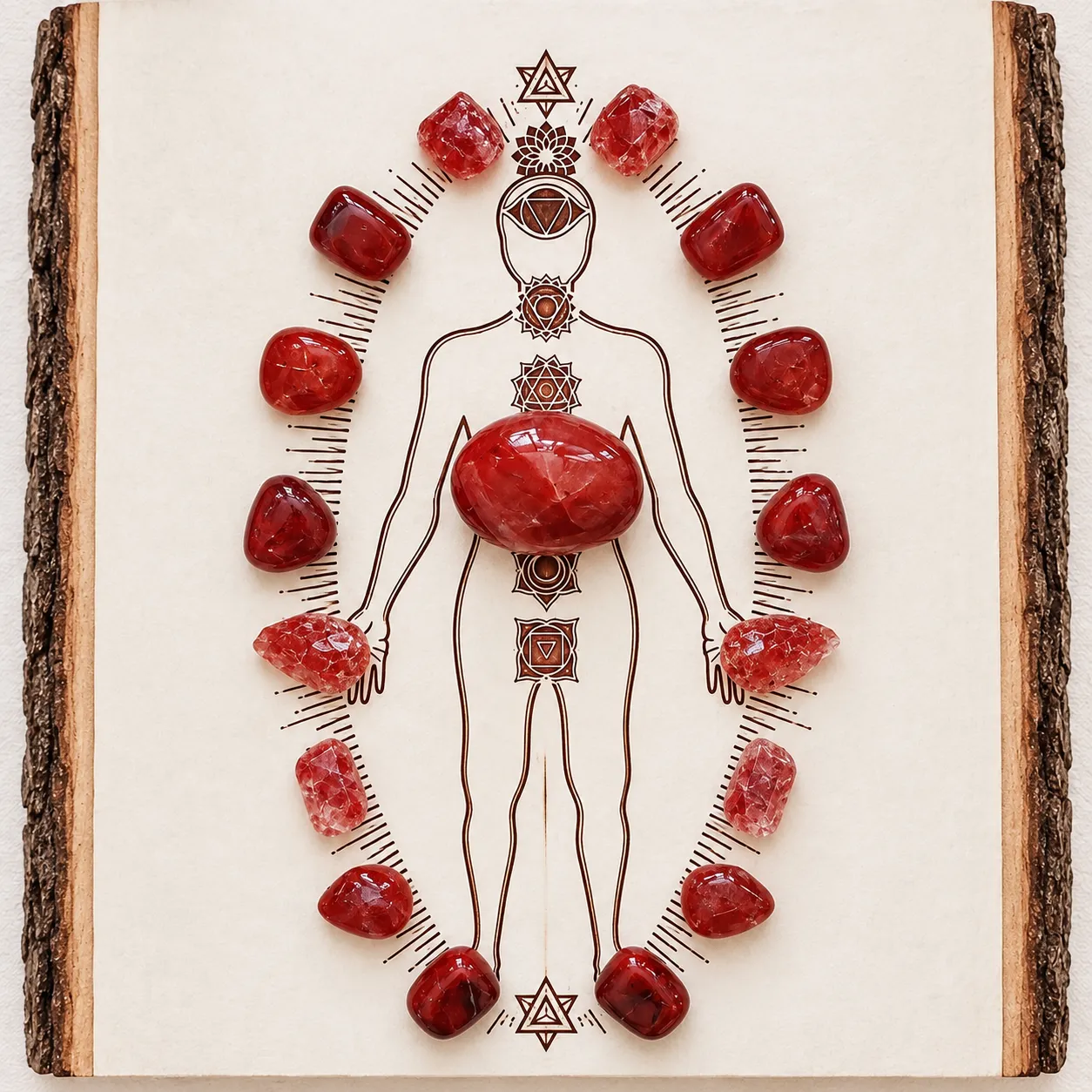 Desenho do corpo humano com os símbolos dos chakras, cercado por pedras vermelhas, sobre uma placa de madeira.